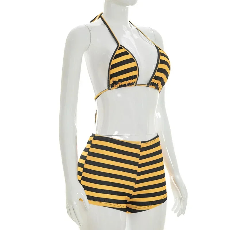 Women Striped Print 3 Piece Short Sets Summer Sexy Halter Lace-up Bra Short Sleeve Crop Top Shorts Matching Sets Beach Vacation