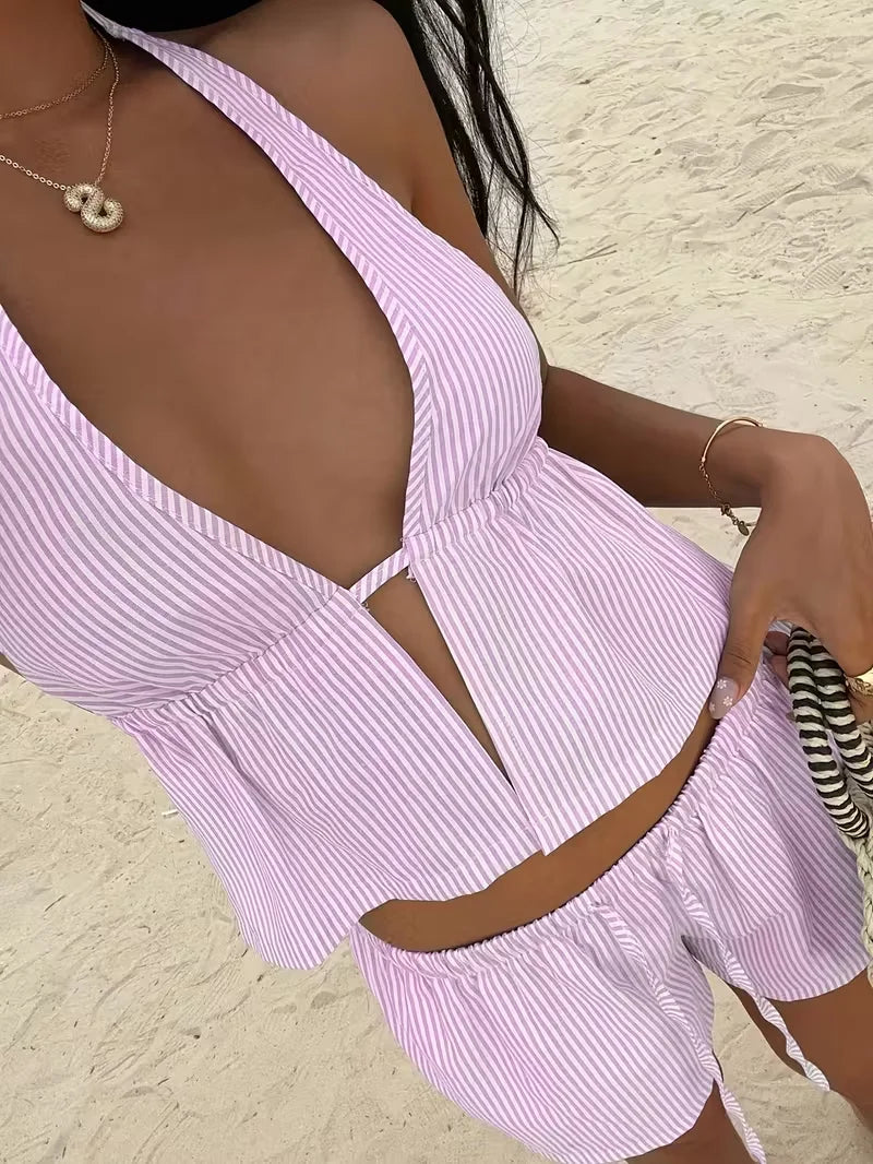 Women's Deep V-Neck Backless Camisole Top and Drawstring Shorts Set for Summer