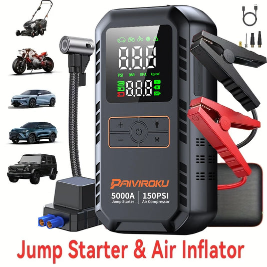 PAIVIROKU 5000A Car Jump Starter with Air Compressor 150PSI Air Pump  Auto Battery Booster Portable Power Bank Tire Inflator