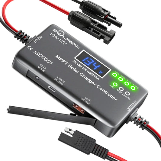 MPPT 10A 12V Solar Charge Controller with LCD Display, Solar Panel Charge Controller with Type-C and USB Output for Solar Panel