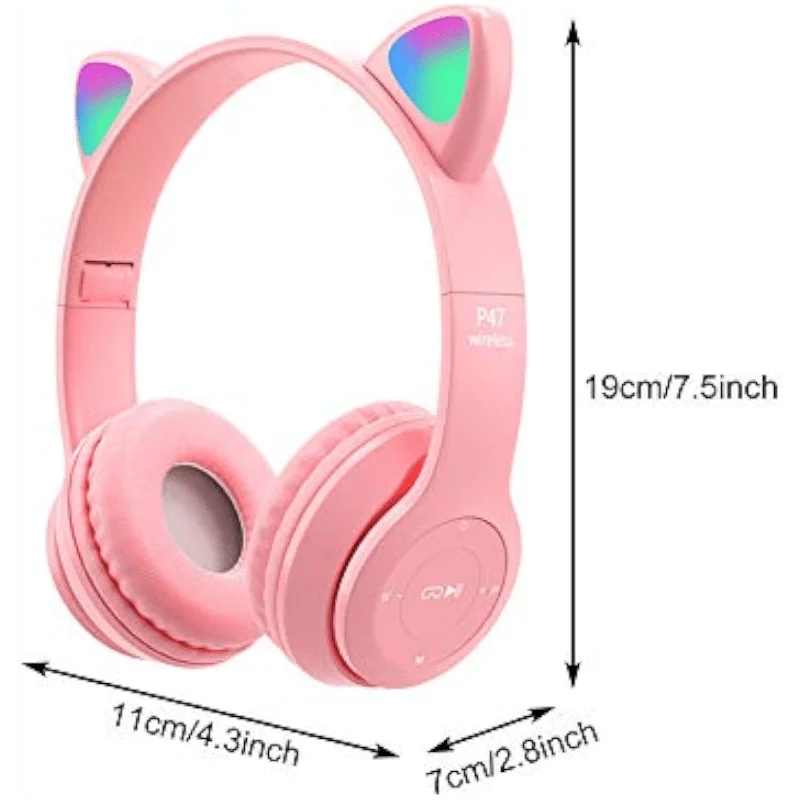 Cute Light Blue Cat Ear Over-Ear Bluetooth Headphones, Foldable Wireless Gaming Headset with LED Glowing Lights, Noise Isolation Cat Ear Headphones for Girls Kids Gaming Music