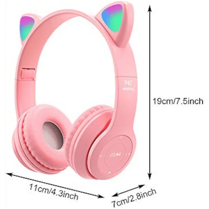 Cute Light Blue Cat Ear Over-Ear Bluetooth Headphones, Foldable Wireless Gaming Headset with LED Glowing Lights, Noise Isolation Cat Ear Headphones for Girls Kids Gaming Music