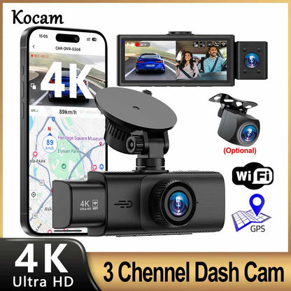 3 Channel WiFi 4K Dash Cam Front and Inside DashCam 1080P Rear Camera Night Vision 24H Parking Car DVR Black Box Support GPS