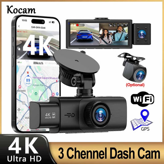 3 Channel WiFi 4K Dash Cam Front and Inside DashCam 1080P Rear Camera Night Vision 24H Parking Car DVR Black Box Support GPS
