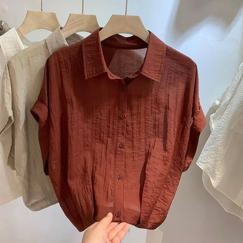 Summer Minimalist Shirt Women Solid Button Turn-down Collar Batwing Sleeve Thin Chiffon Short Sleeves Hem Fold Shirts Blouses