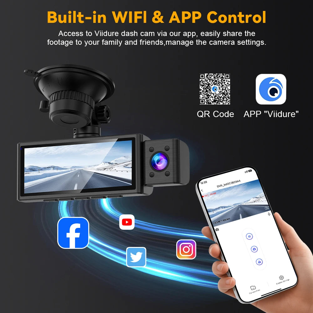 3 Channel WiFi 4K Dash Cam Front and Inside DashCam 1080P Rear Camera Night Vision 24H Parking Car DVR Black Box Support GPS