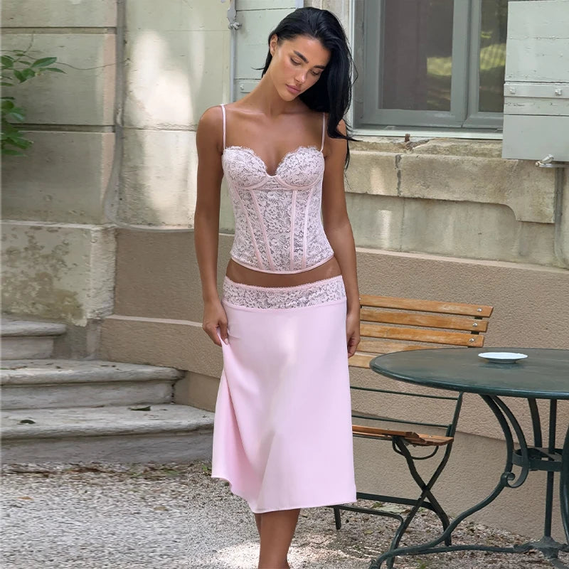 Fashion Women's Pink Lace Corset Skirt Set Slim Sleeveless Waist Cinching Strap Top Loose Skirts 2026 Summer Lady Party Outfits
