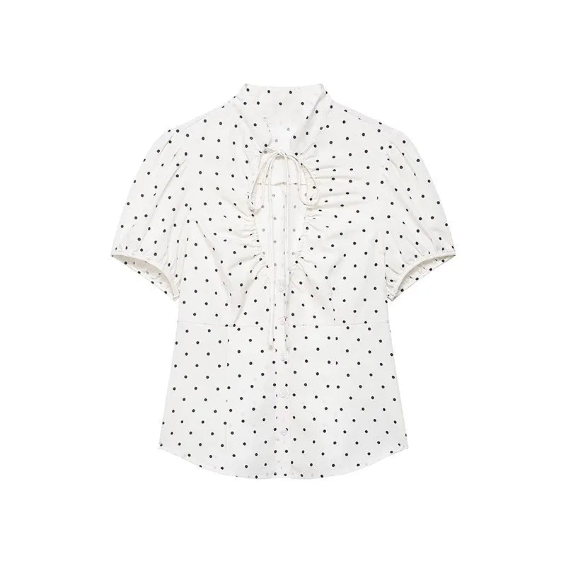 Women's Tops 2026 Summer Fashion Stand Collar Lace Up Short Sleeve Buttons Blouses Elegant Shirts Female Slim Top
