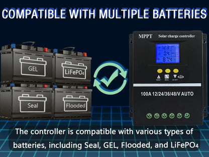 POWLSOJX MPPT 100A 80A 60A Solar Charge Controller 12V 24V 36V 48V Solar Panel Lead Acid/Lithium Battery Regulator Dual USB