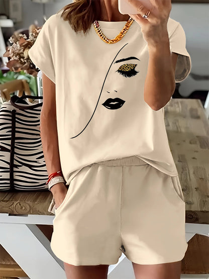 Summer women's fashion simple portrait print casual loose round neck short sleeved T-shirt shorts two-piece set