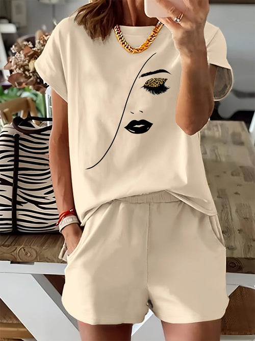 Summer women's fashion simple portrait print casual loose round neck short sleeved T-shirt shorts two-piece set