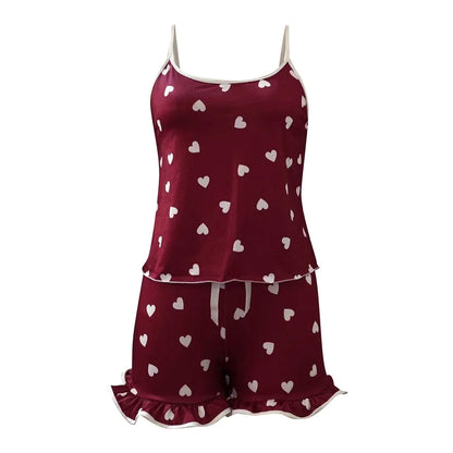 Women Summer Sleepwear Set Camisole Shorts Pajama Set Milk Silk Heart Print V Neck Sleeveless Sexy Loungewear Homewear