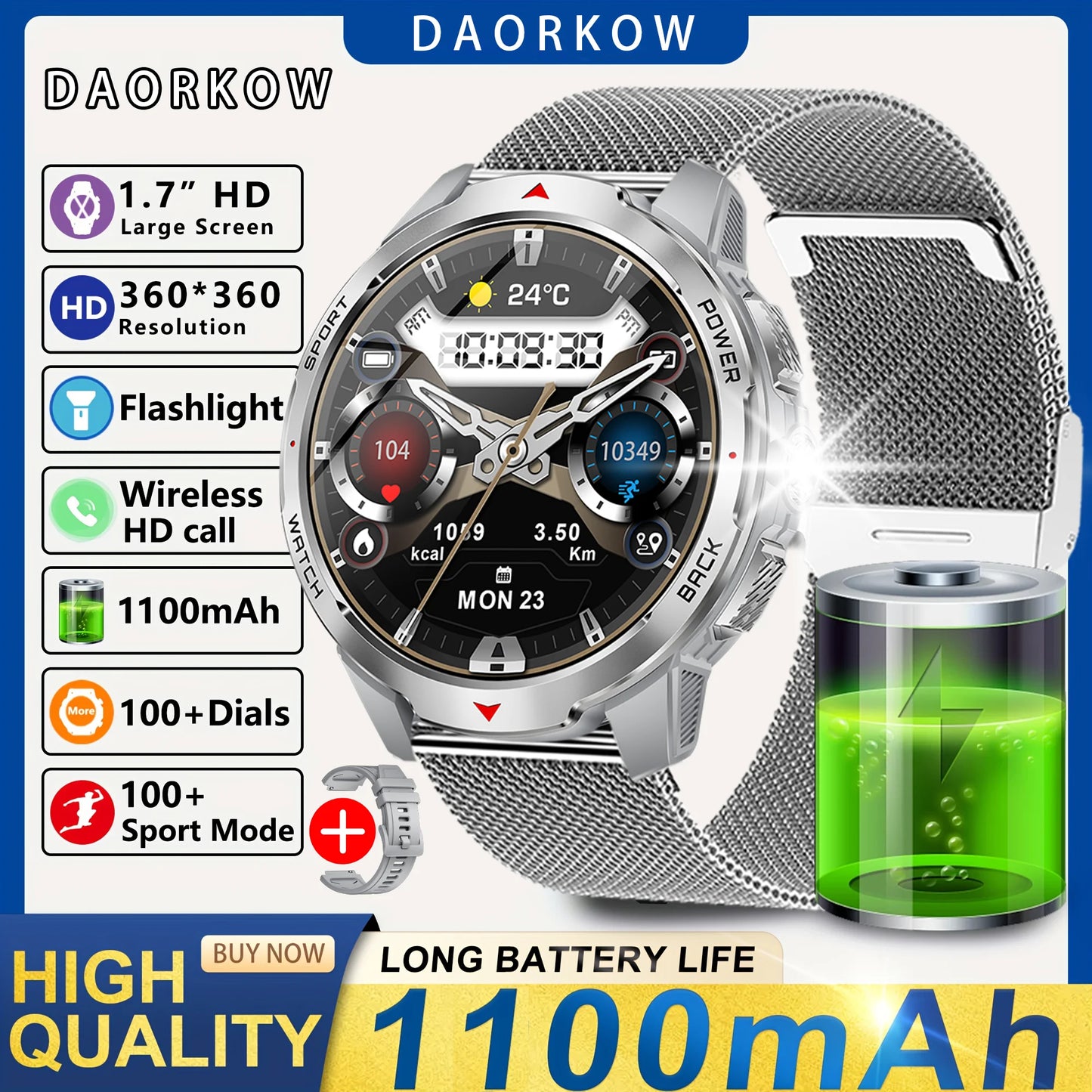 Smart Watch LED Flashlight Outdoor KT88 Compass Wireless call Men Multi-Sport