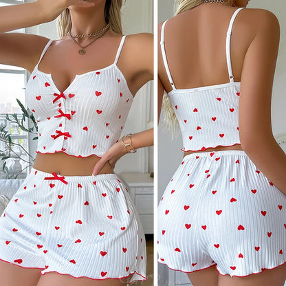 Sexy Sleepwear Women Pajamas Set Heart Print Silk Stain V-Neck Sleeveless Casual Cami Top and Shorts Sets Home Suit Loungewear