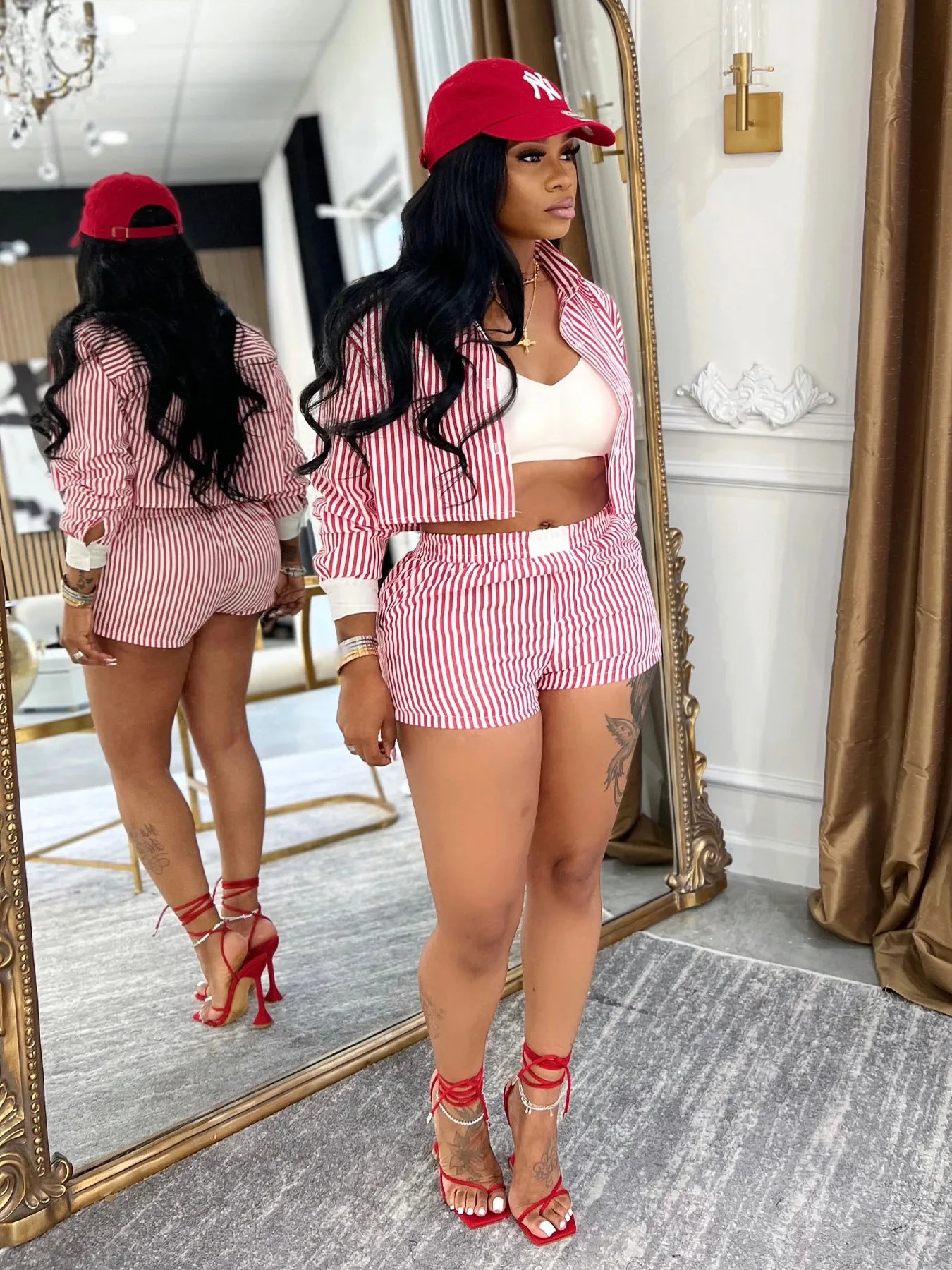 HLJ Spring Summer Ladies Shorts Outfits Stripes Crop Shirt Top + Shorts Two Piece Set Casual Matching Women 2 Piece Clothing Set