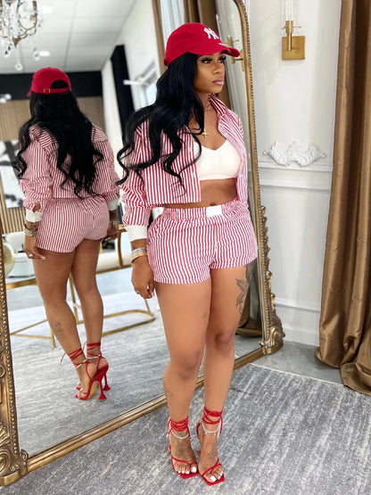 HLJ Spring Summer Ladies Shorts Outfits Stripes Crop Shirt Top + Shorts Two Piece Set Casual Matching Women 2 Piece Clothing Set