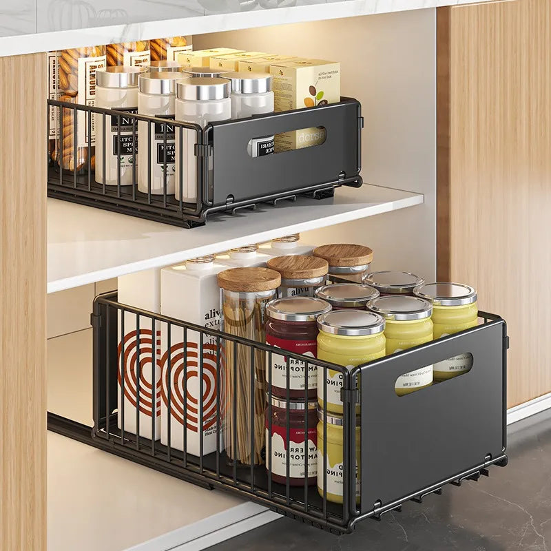 Non Perforated Folding Cabinet with Pull-out Basket Multifunctional Snack Storage Rack Household Kitchen Sink Storage Rack