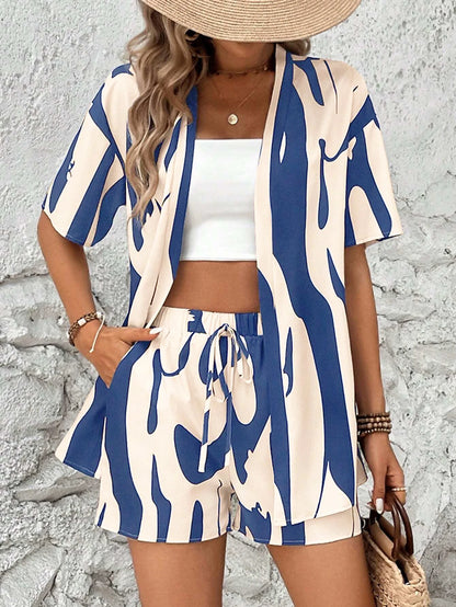 Elegant Summer Print Women's Set For Casual Vacation Style, Short-sleeved Shirt And High-waisted Shorts Two-piece Outfit