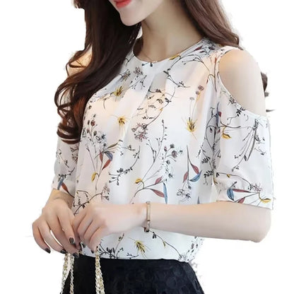 New Floral Print Women Shirt Elegant Summer Tops Off Shoulder Blouses Short Sleeve Woman Blouse