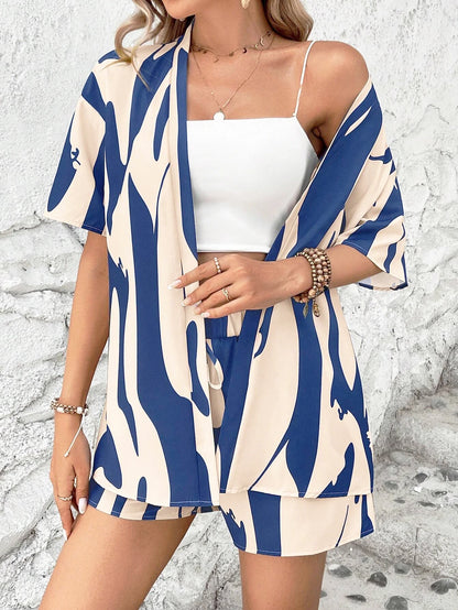Elegant Summer Print Women's Set For Casual Vacation Style, Short-sleeved Shirt And High-waisted Shorts Two-piece Outfit