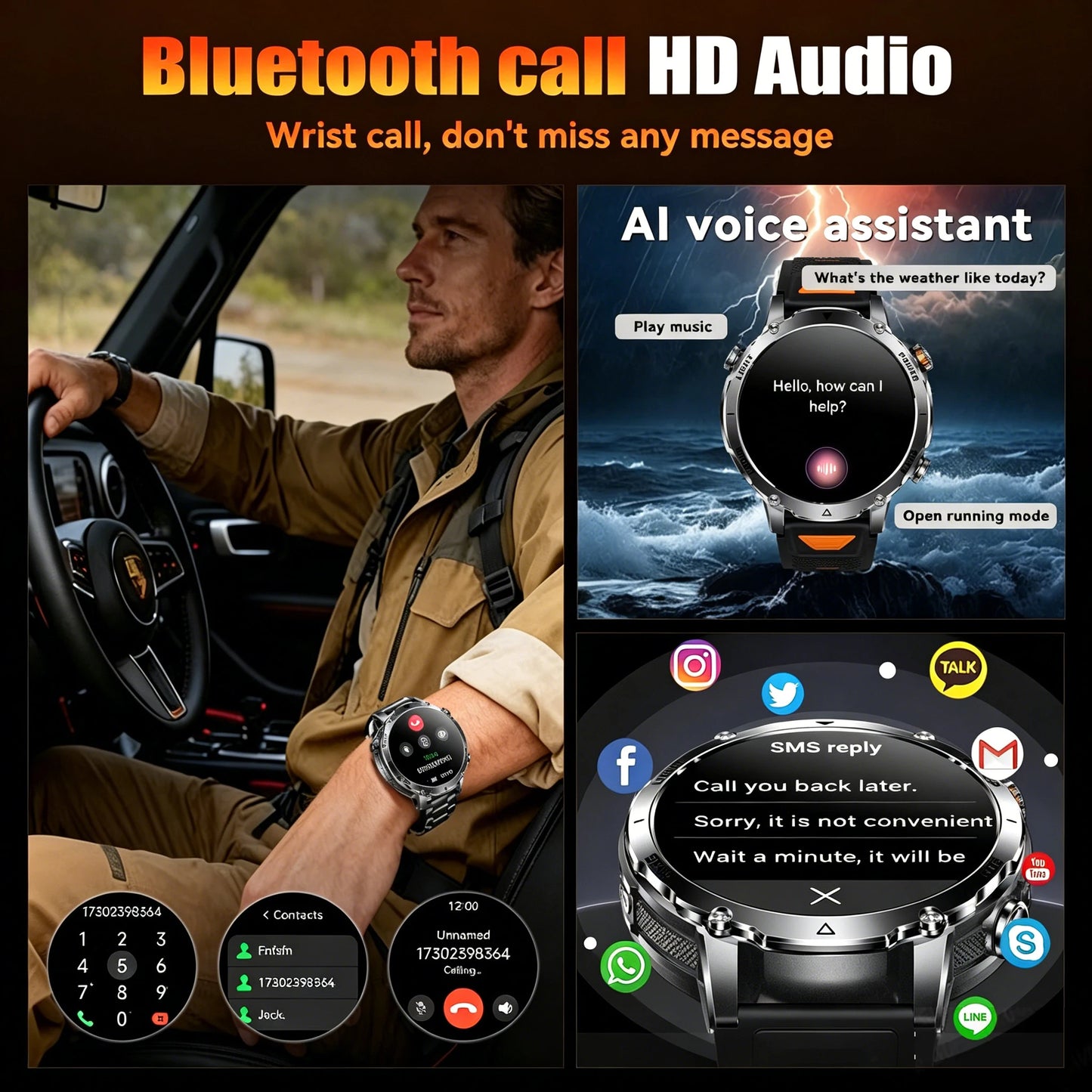 Smart Watch IP68 Waterproof Sports Run tracker Outdoors Compass Military Smartwatch