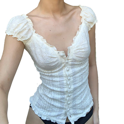 Women Blouse Short Sleeve Square Neck Button Down Summer Tops Retro Kawaii Fairycore Y2K Shirts Female