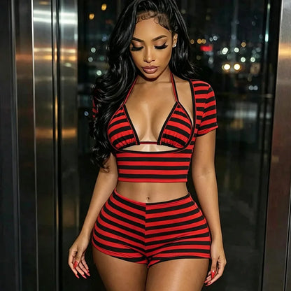 Women Striped Print 3 Piece Short Sets Summer Sexy Halter Lace-up Bra Short Sleeve Crop Top Shorts Matching Sets Beach Vacation