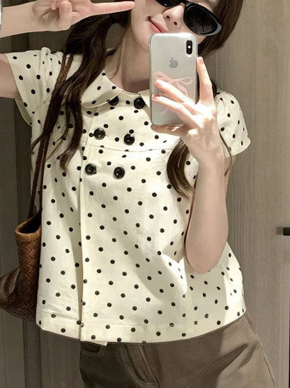 Aoaiiys Dot Shirts Women Peter Pan Collar Short Sleeve Shirt Sweet Fashion Casual Blouse Summer New Comfortable Female Tops