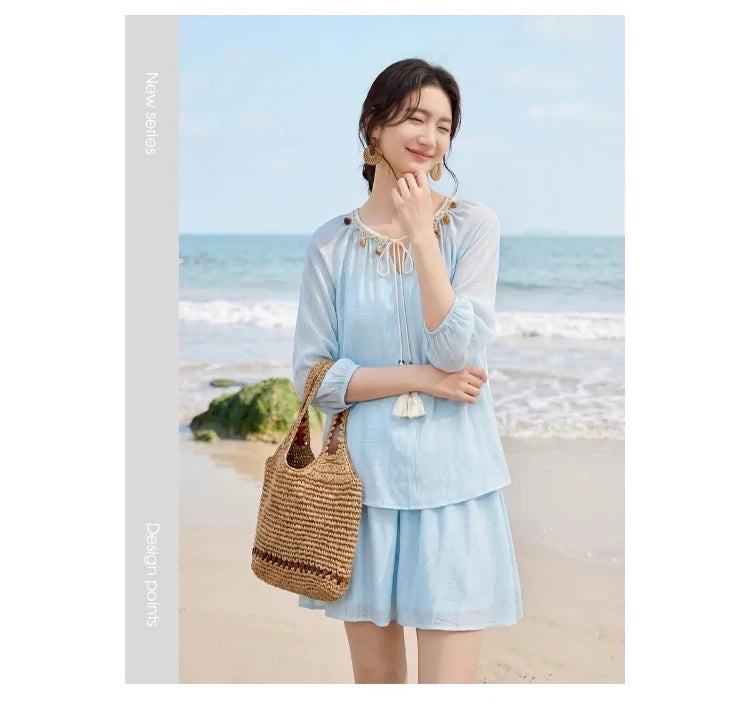 SENTUBILA Women's 2 Piece Bohemian Blouse Summer Set 2026 Beaded Tie Top Elastic Waist Shorts Clothing Set 161ZC4660