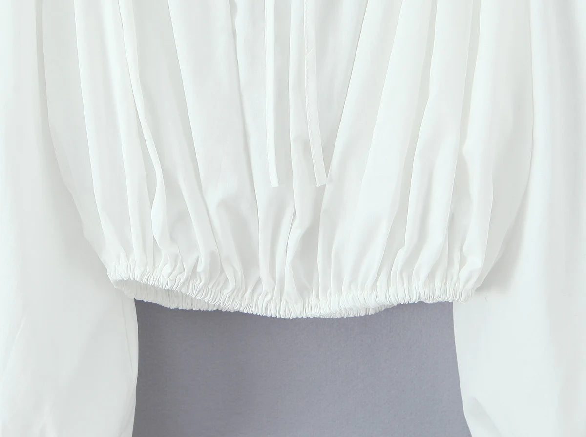 2 pieces 1 set Spring Summer White Elastic Slash Shoulder Lantern Sleeve Shirt + Wood ears Elastic Waist BUD Mini Shorts Suits