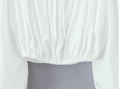 2 pieces 1 set Spring Summer White Elastic Slash Shoulder Lantern Sleeve Shirt + Wood ears Elastic Waist BUD Mini Shorts Suits