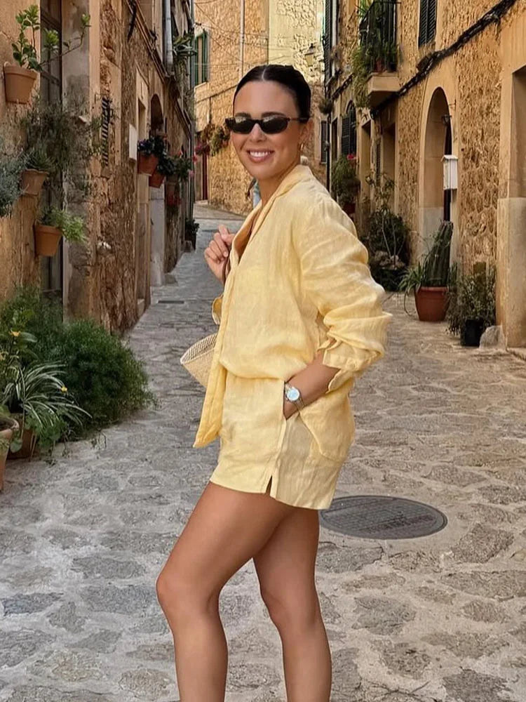 HH Women Casual Shorts Suit Lapel Single-Breasted Long Sleeves Shirt Top+Summer Elastic Waist Pocket Design Elegant Shorts