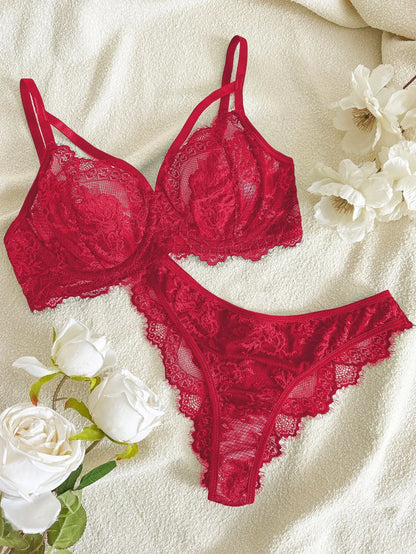 Women's Sexy Push Up Bra & Brazilian Panties Set - Lace Underwire Sheer Mesh Lingerie, Adjustable Straps Comfort Fit for Daily