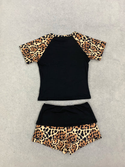 2026 summer new American retro leopard print patchwork short sleeved shorts set Y2K punk street fashion trend casual spicy girl