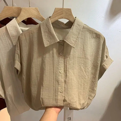 Summer Minimalist Shirt Women Solid Button Turn-down Collar Batwing Sleeve Thin Chiffon Short Sleeves Hem Fold Shirts Blouses