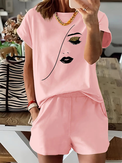 Summer women's fashion simple portrait print casual loose round neck short sleeved T-shirt shorts two-piece set