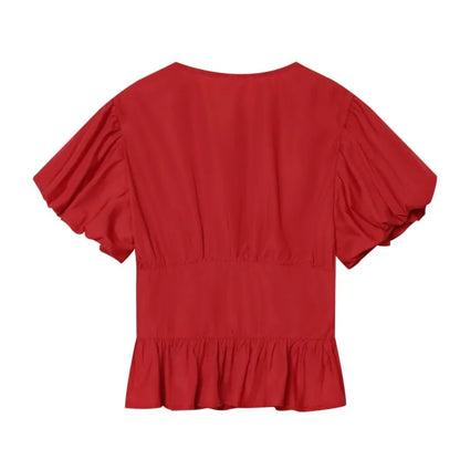 Women's Puff Sleeve Blouse New 2026 Spring Summer Vintage Simple O Neck Button Women Pintuck Shirts & Blouses Chic Female Tops