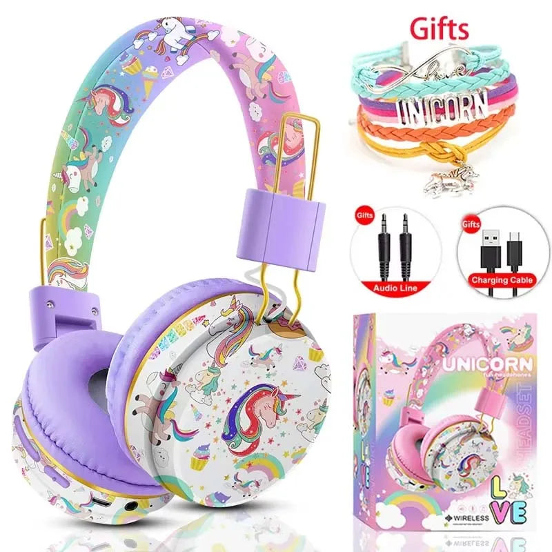 Unicorn Kids Headphones Bluetooth Headset Wireless & 3.5mm Wired Headsets Stereo Music Headphones for School Travel with Gifts