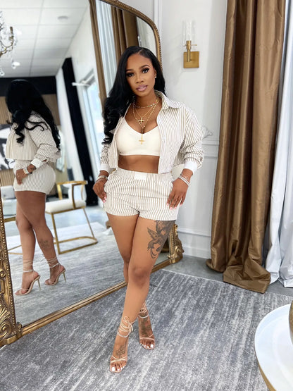 HLJ Spring Summer Ladies Shorts Outfits Stripes Crop Shirt Top + Shorts Two Piece Set Casual Matching Women 2 Piece Clothing Set