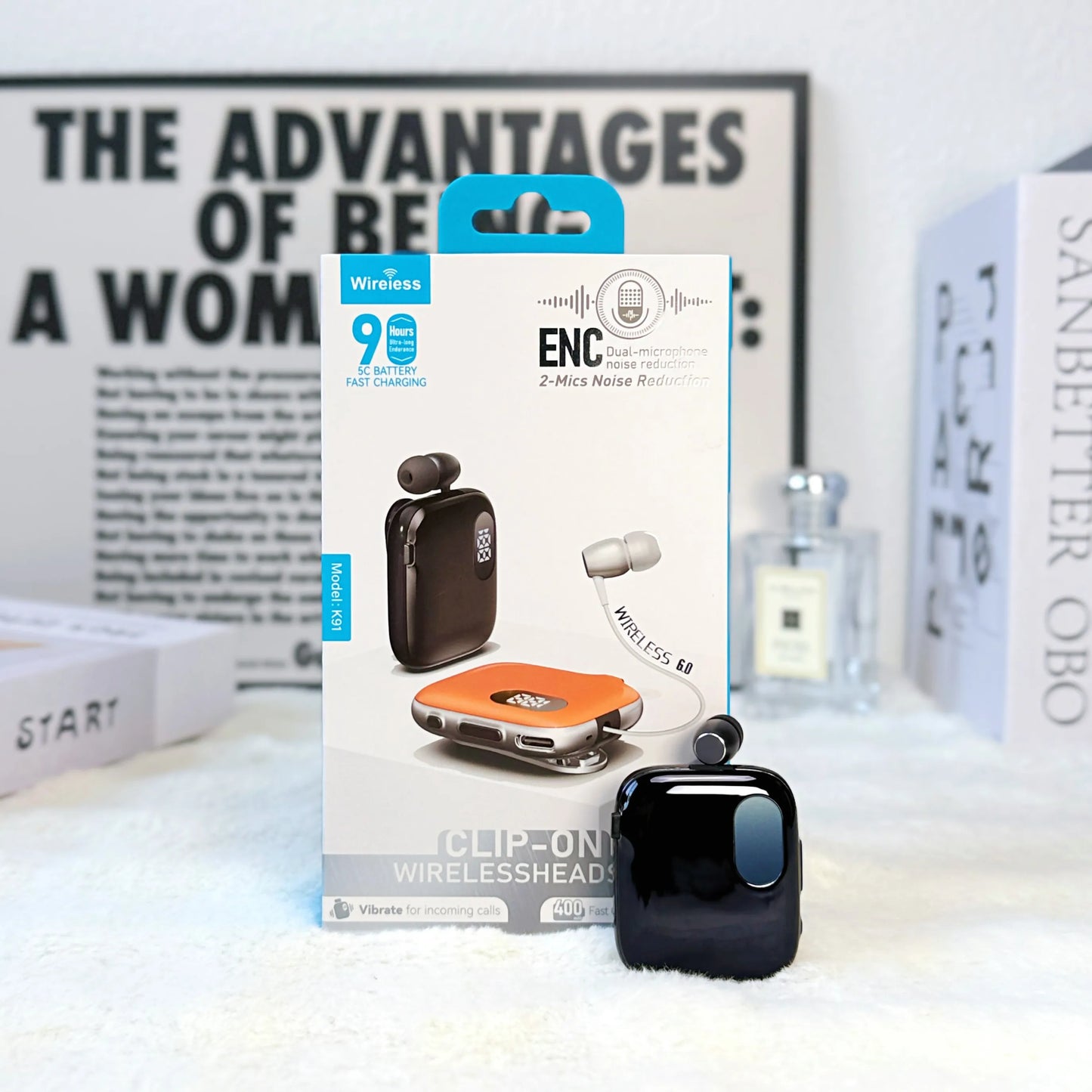 90H Playtime Bluetooth Headset V6 ENC Noise Canceling LED Power Display Retractable lapel clip Earphone for Meeting Driving K91