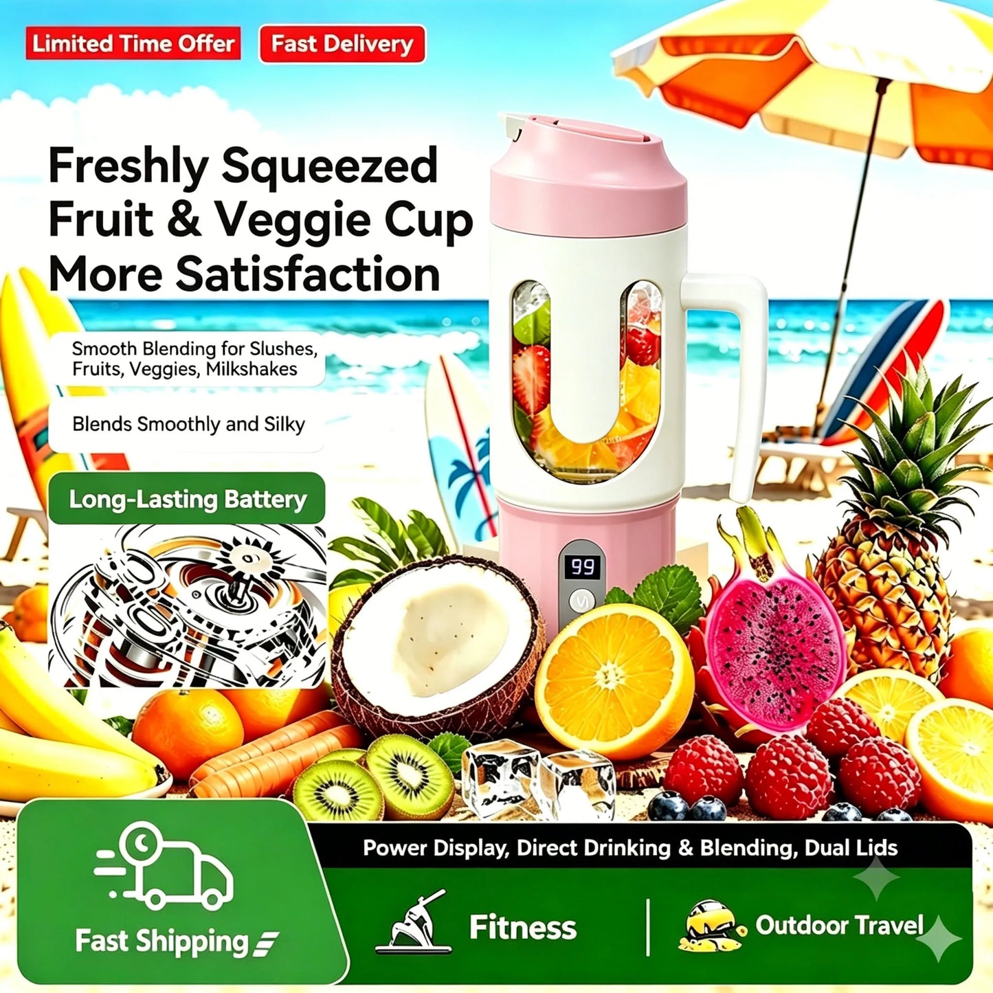 Dual Blades Wireless USB Rechargeable Portable Juicer Cup Multifunctional Fruit Vegetable Blender for Watermelon Fresh Juic