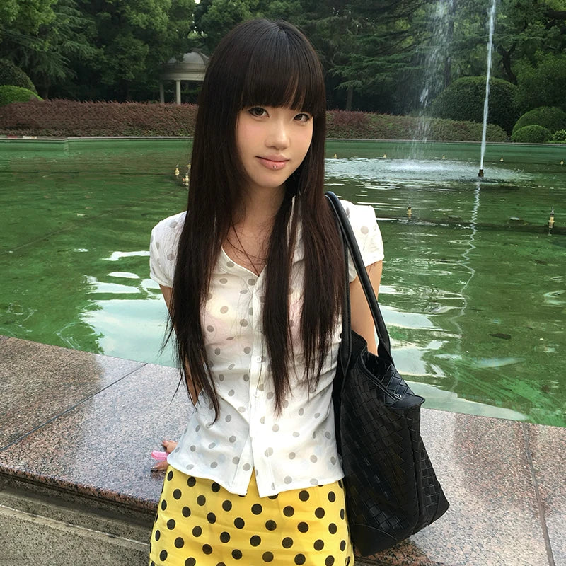 Karrram Japanese Y2k Polka Dots Shirt 2000s Style Aesthetics V-neck Blouses Vintage Harajuku Short Sleeve Shirt Korean Retro 90s