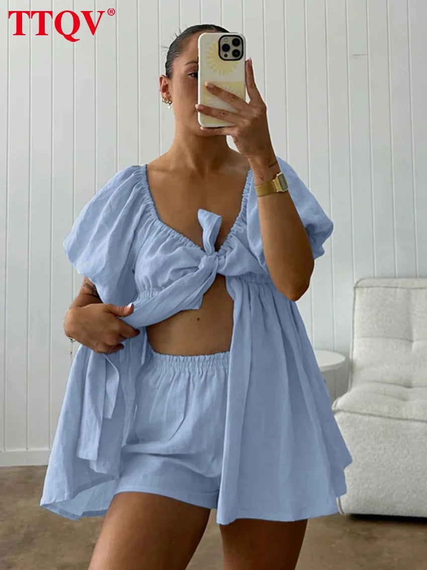 TTQV Sexy Loose White Cotton Two Piece Outfits Woman 2026 Fashion Short Sleeve Shirt With High Waist Shorts Set Female Clothing