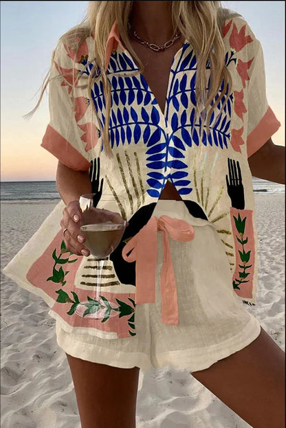 Casual Women Printed Blouse Shorts Two Pieces Sets Lapel Short Sleeve Button Shirt Suit Female New Summer Beach Holiday Outfits
