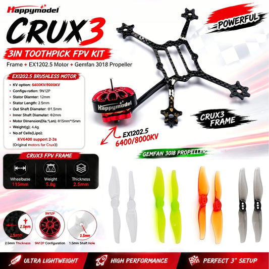 HappyModel 3inch Crux3 Toothpick Frame FPV Kit EX1202.5 6400KV Brushless Motor with Gemfan 3018 Propeller Combo for RC FPV Drone