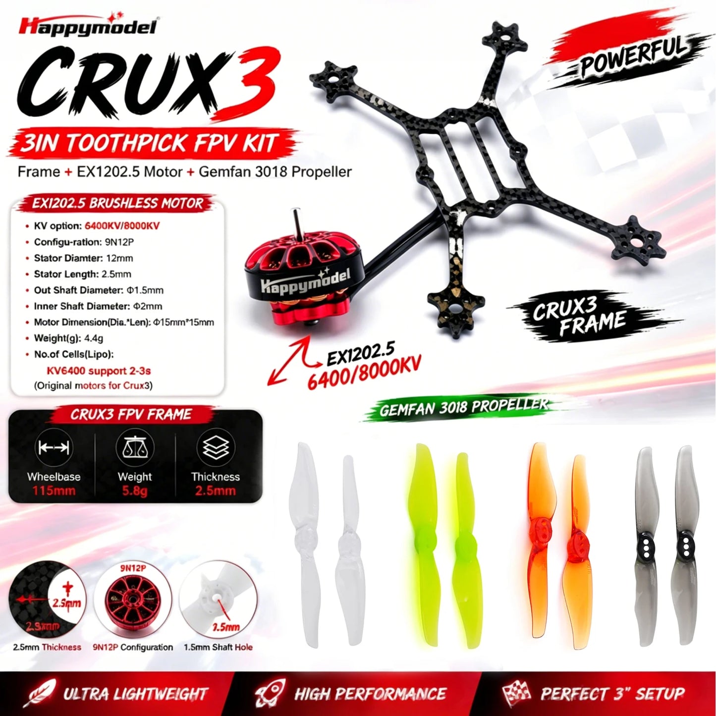 HappyModel 3inch Crux3 Toothpick Frame FPV Kit EX1202.5 6400KV Brushless Motor with Gemfan 3018 Propeller Combo for RC FPV Drone
