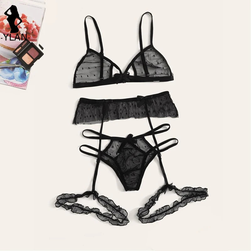 Bra set Women Sexy Mesh Lingerie Set Polka Dot Transparent Harness Lingerie Hollow Out Bralette+Garter+Thong 3pcs Underwear Set