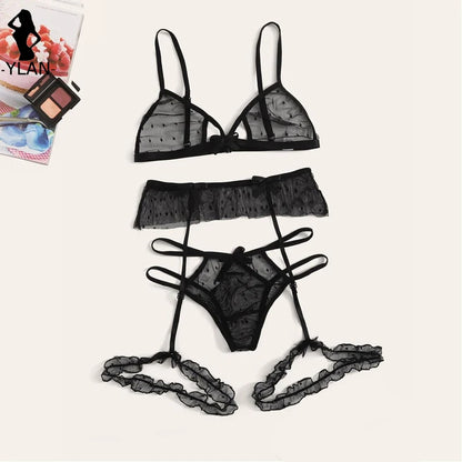 Bra set Women Sexy Mesh Lingerie Set Polka Dot Transparent Harness Lingerie Hollow Out Bralette+Garter+Thong 3pcs Underwear Set