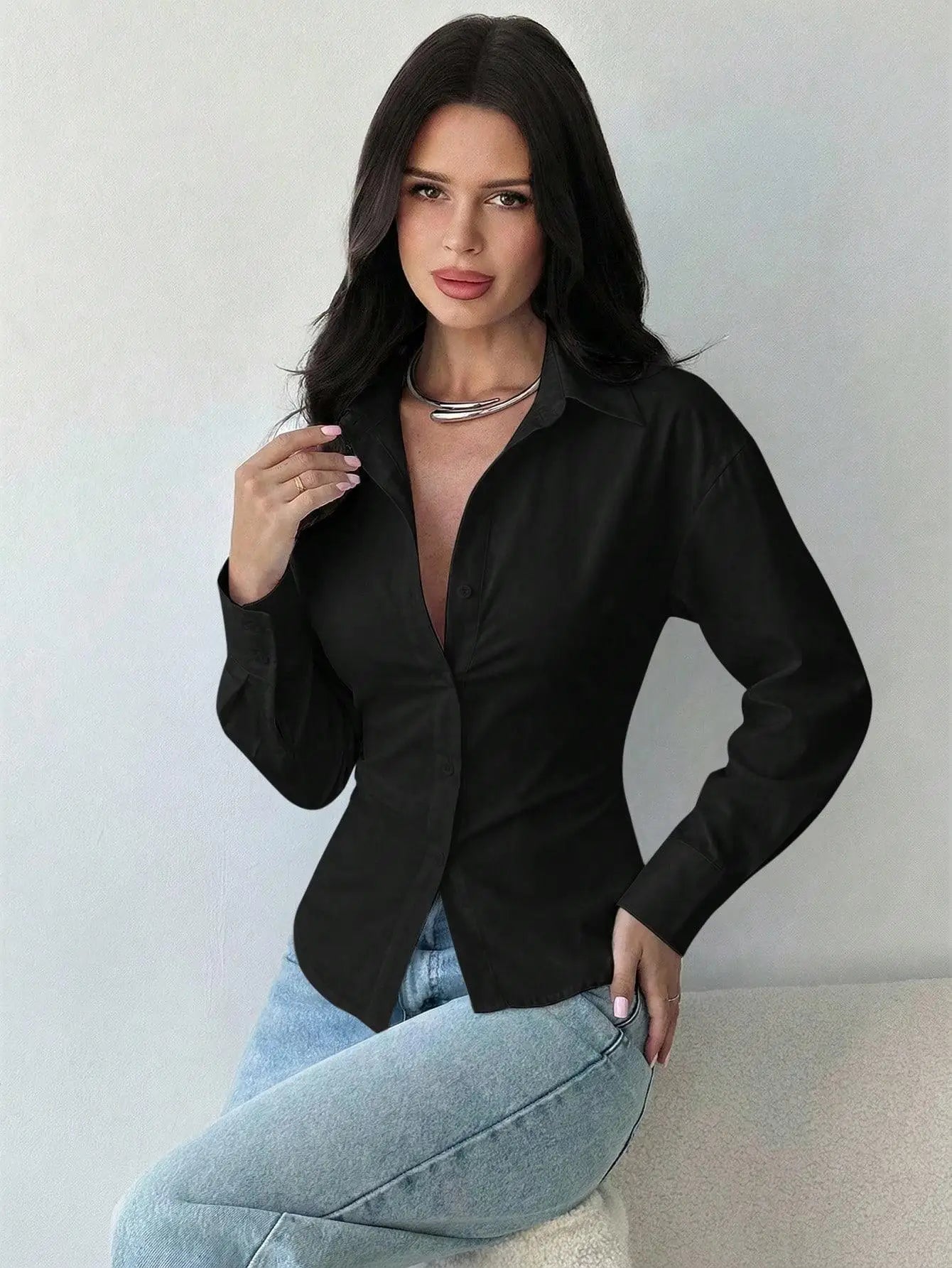 Autumn New Women's Long-sleeved Shirts Waist Striped Lapels Fashion and Versatile Commuting Casual Tops Inner Blouses for Female