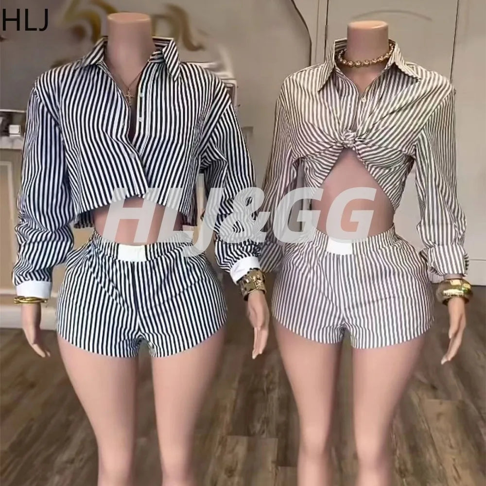 HLJ Spring Summer Ladies Shorts Outfits Stripes Crop Shirt Top + Shorts Two Piece Set Casual Matching Women 2 Piece Clothing Set